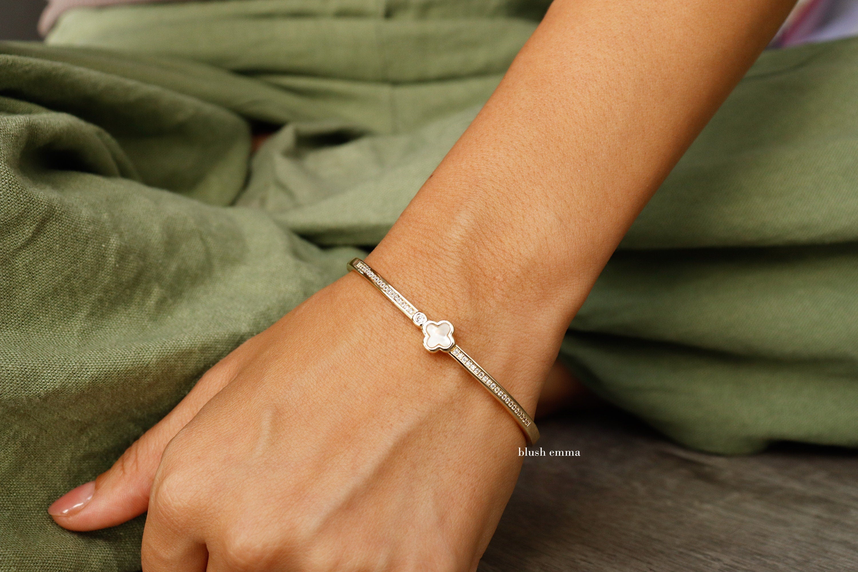 Blush Emma Mother of Pearl Clover Rhinestone Studded Bangle Bracelet