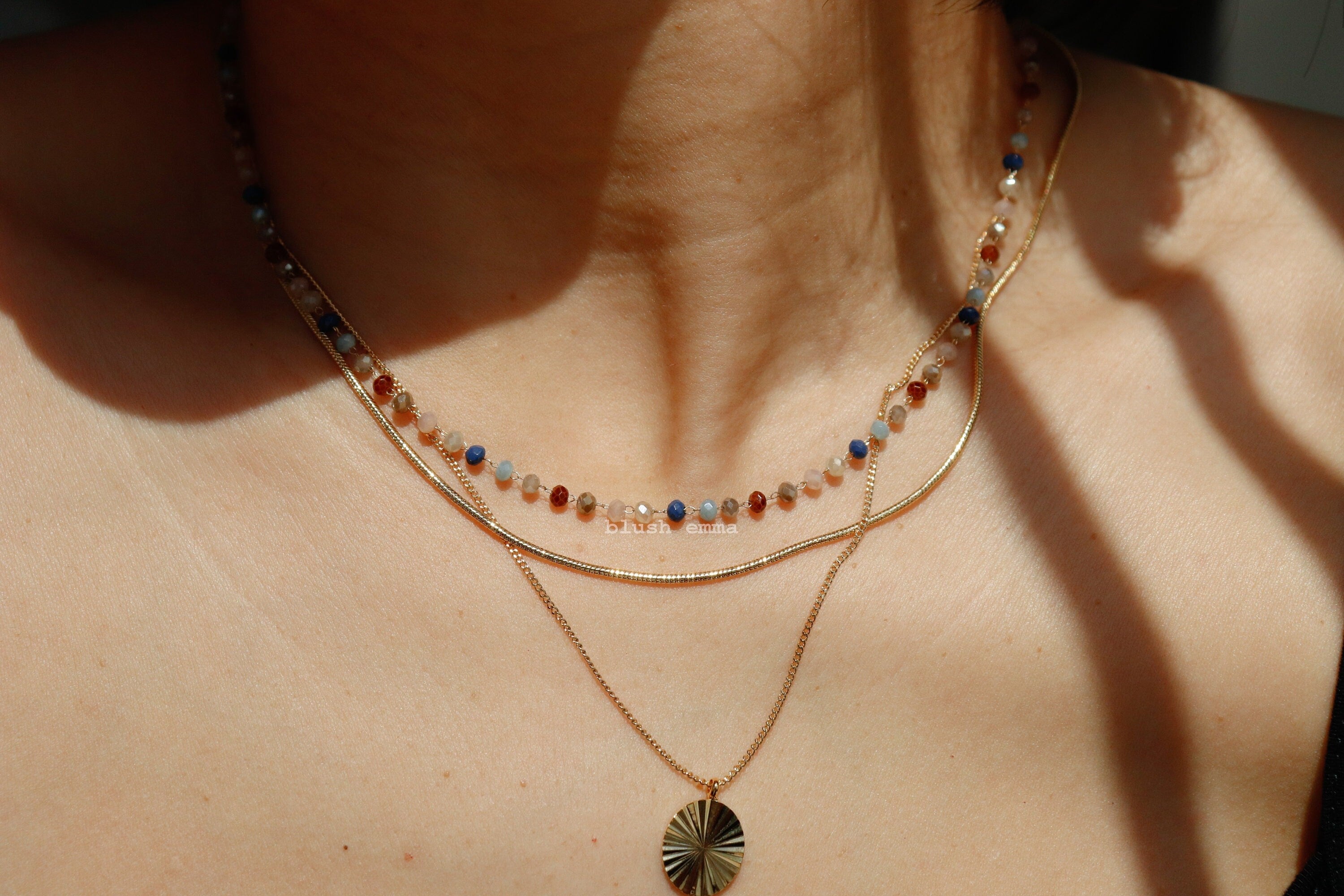 Dark Mood Navy Brown Moon Colors Beaded Necklace