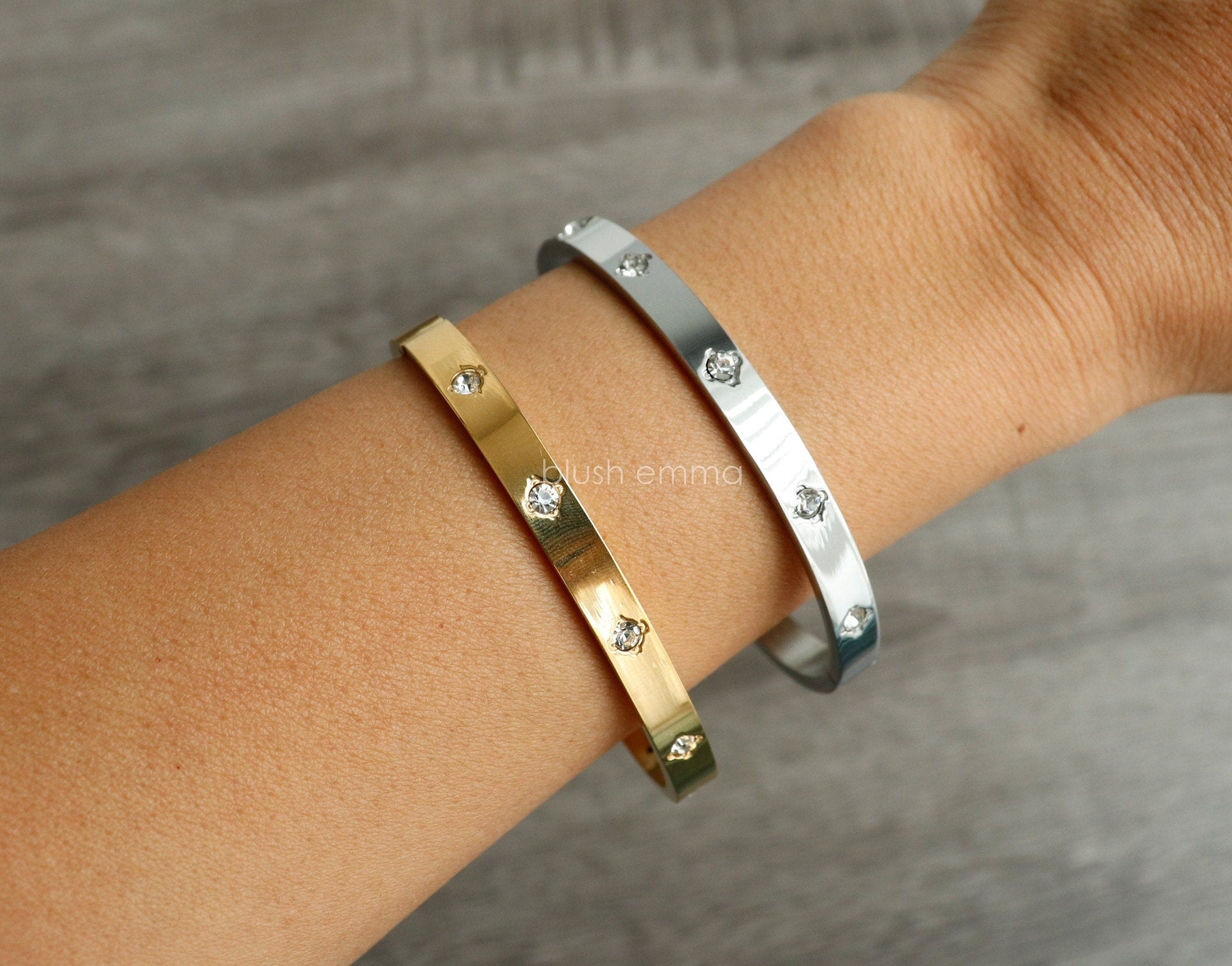 Gold and Silver Bold Cubic Paved Stainless Steel Oval Cuff Hinge Latch Bangle Bracelet