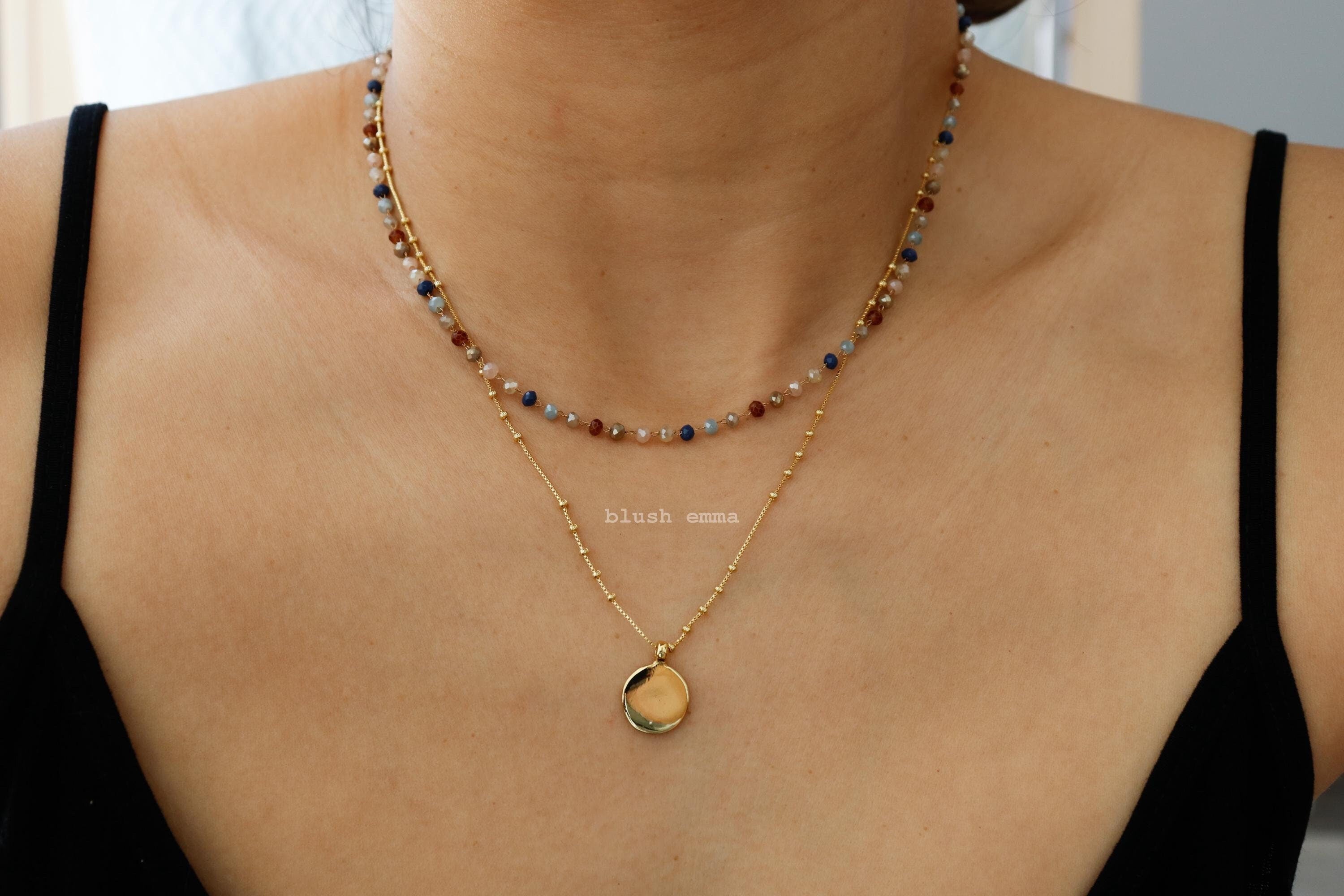 Dark Mood Navy Brown Moon Colors Beaded Necklace