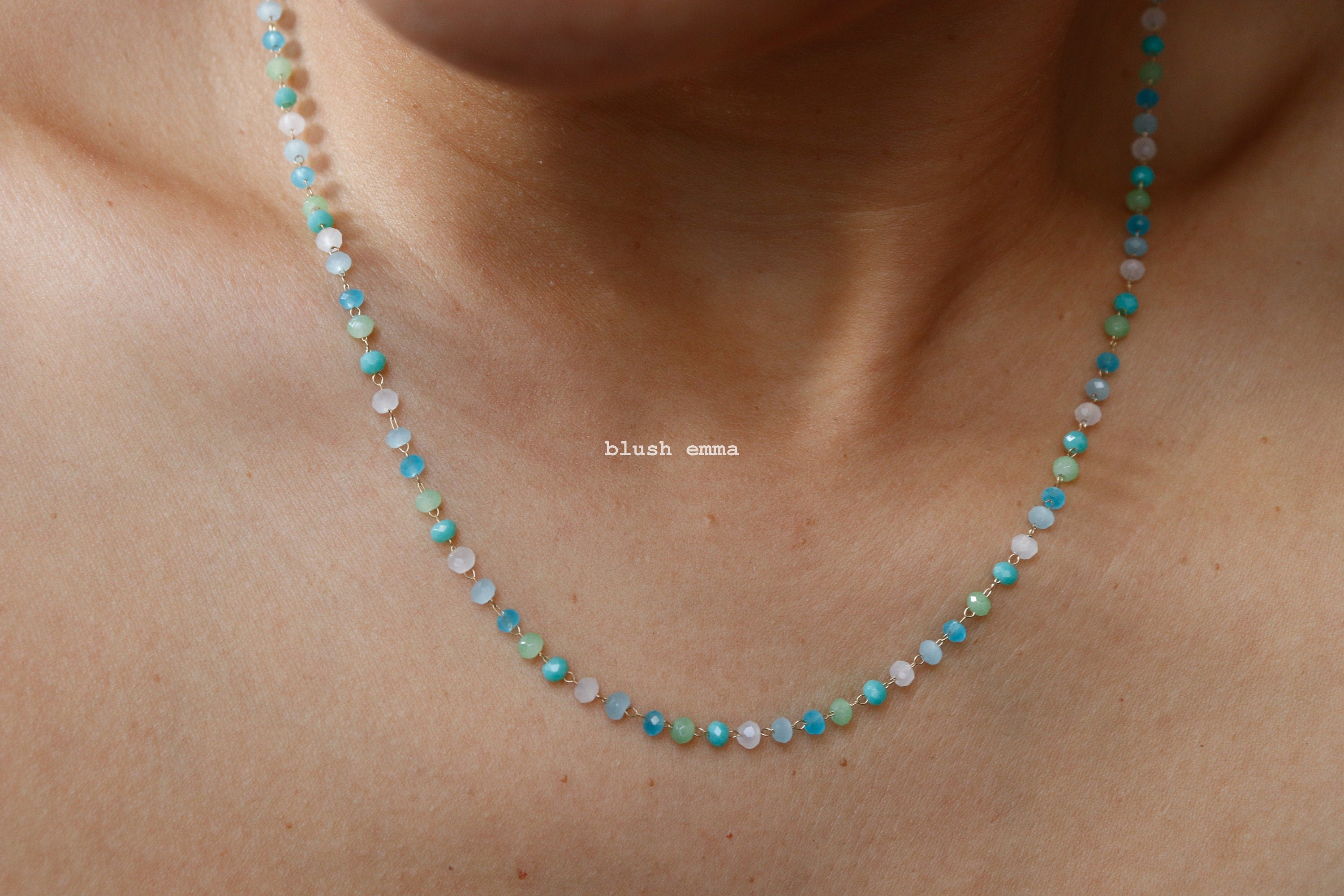 Aqua Blue Lime 3mm Crystal Beaded Necklace