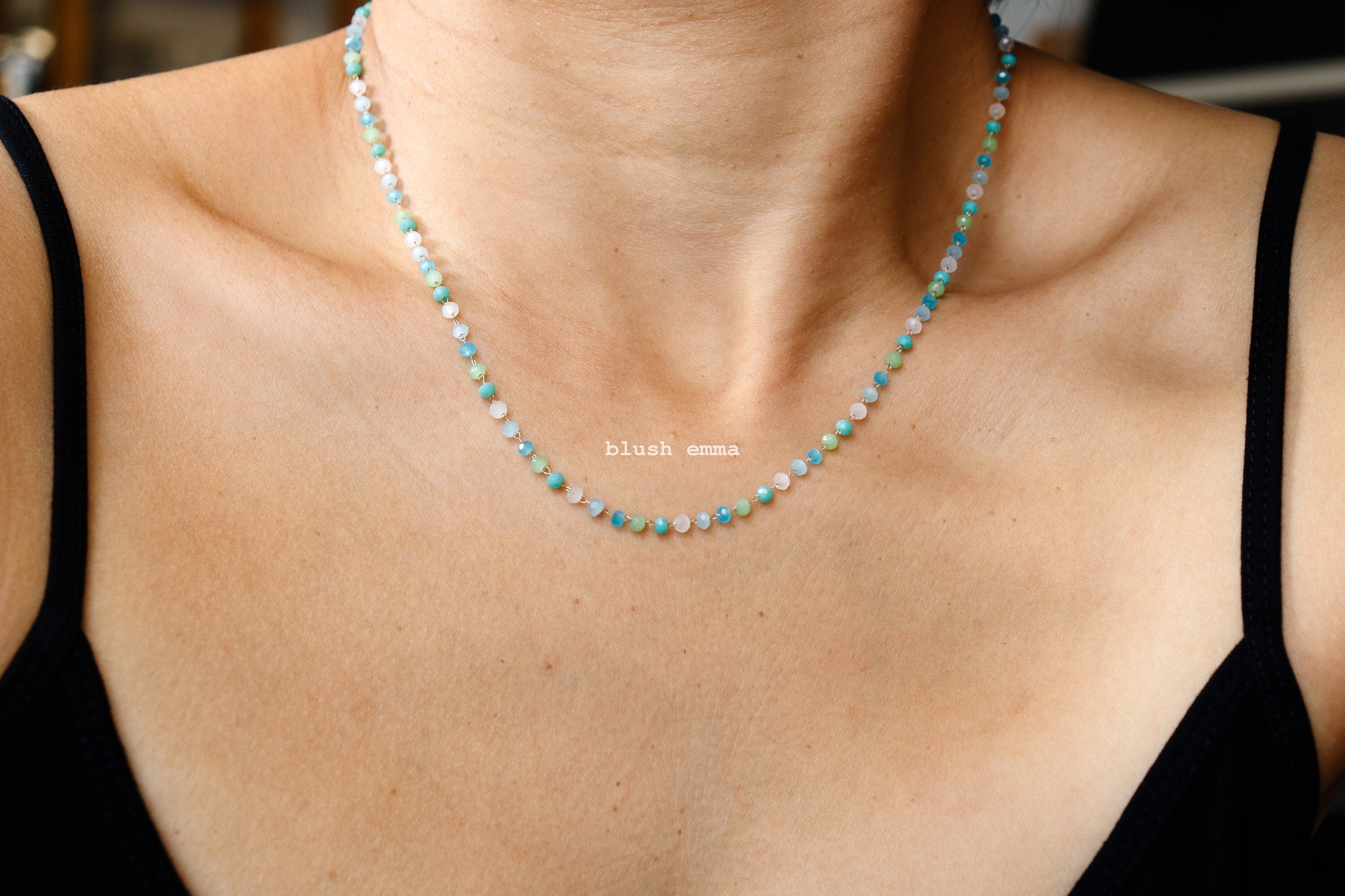 Aqua Blue Lime 3mm Crystal Beaded Necklace