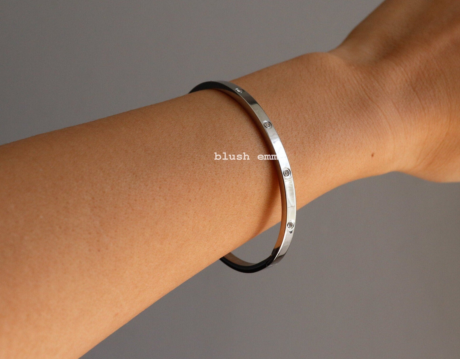 Stainless Rhinestone Paved Oval Cuff Latch Bangle Bracelet