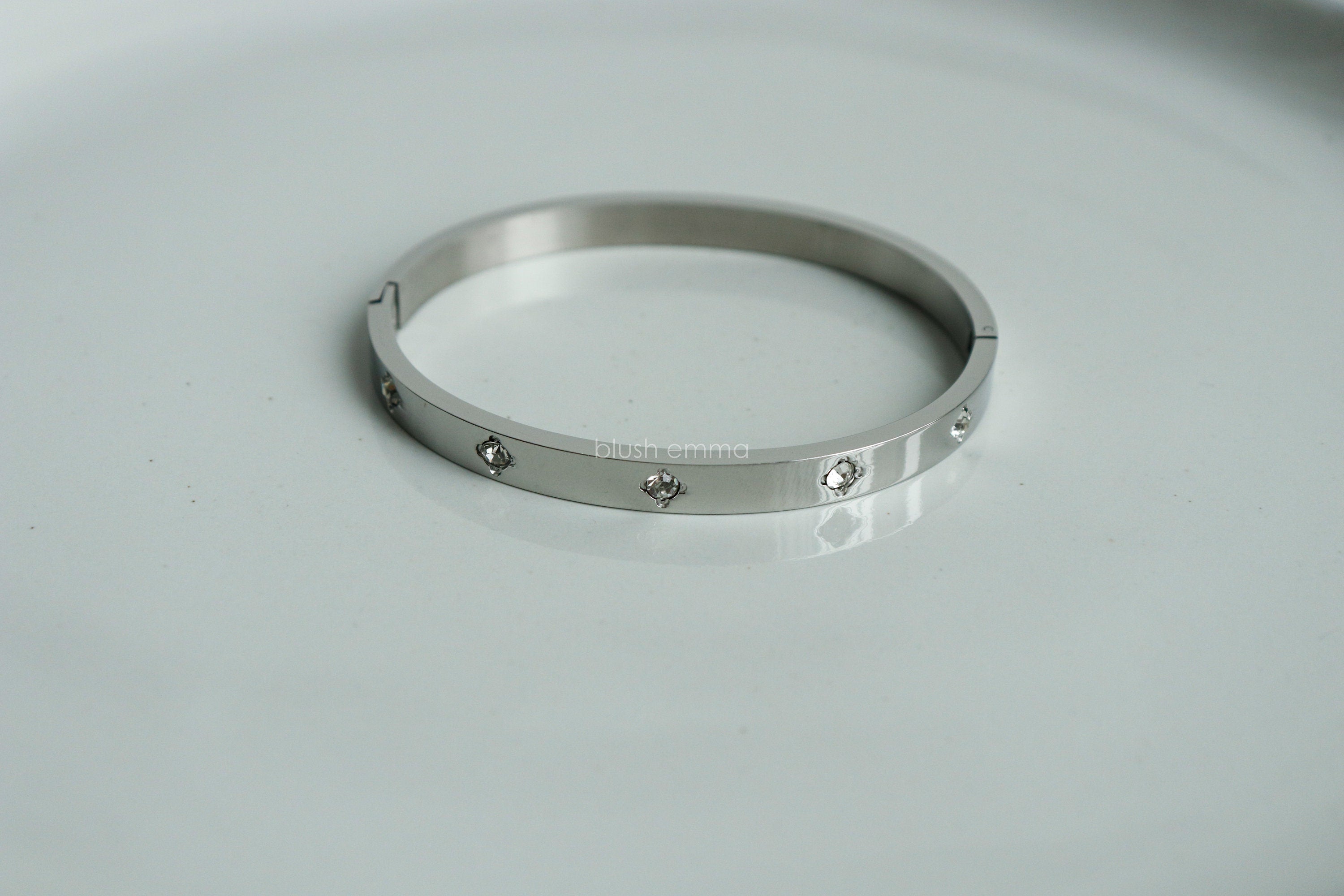 Bold Cubic Paved Stainless Steel Oval Cuff Hinge Latch Bangle Bracelet