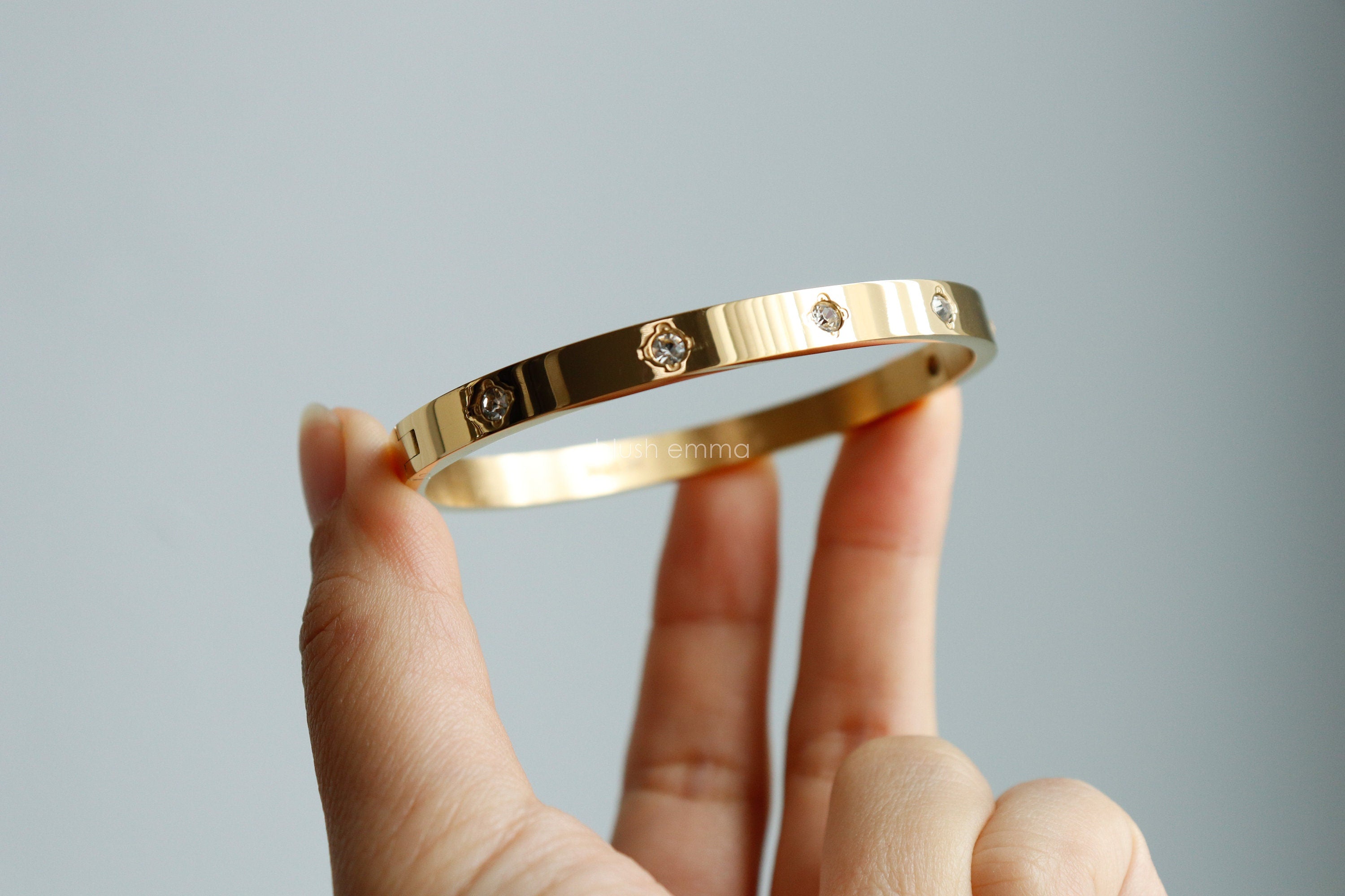 Bold Cubic Paved Stainless Steel Oval Cuff Hinge Latch Bangle Bracelet