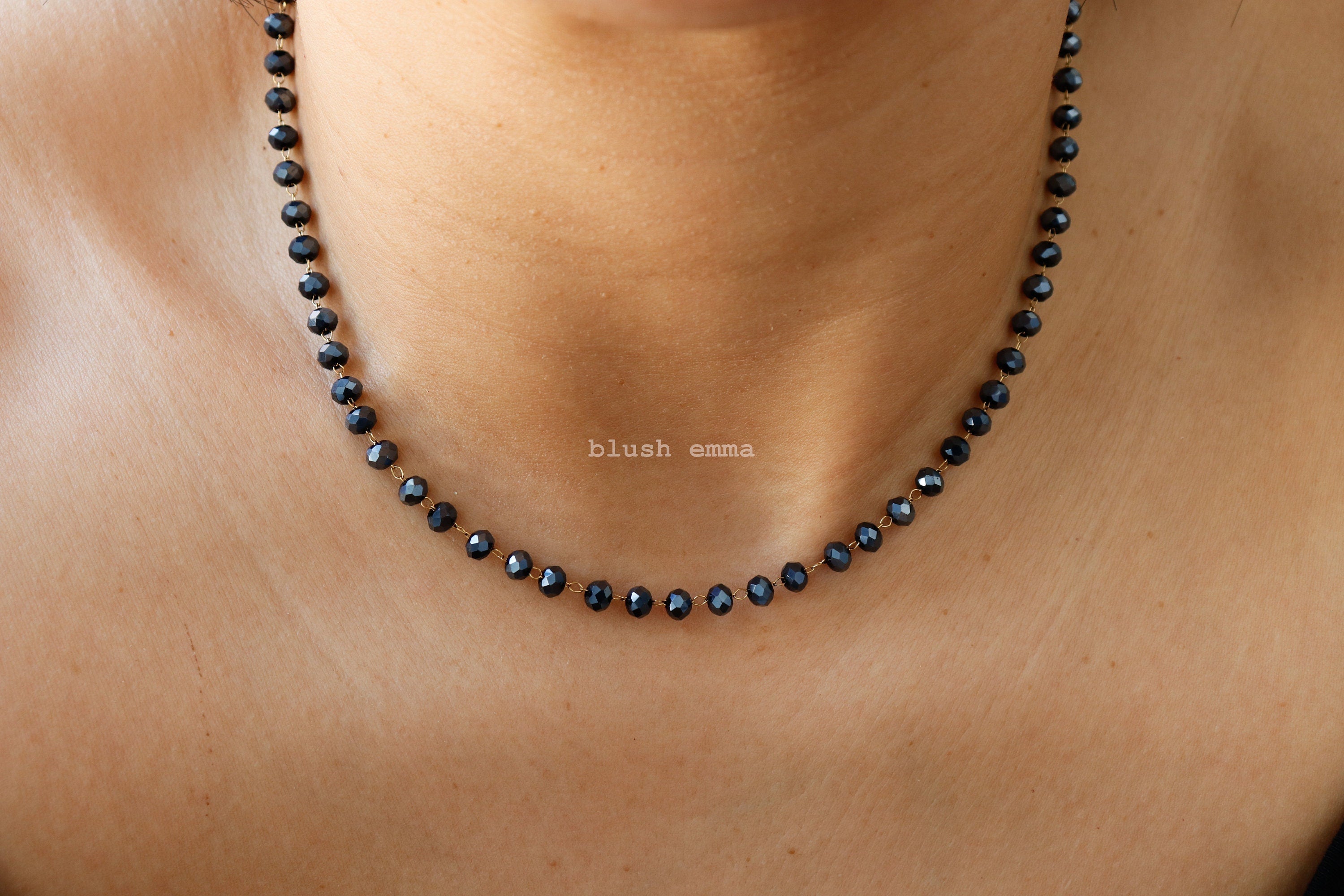 Black Shiny Crystal Glass 4mm Beaded Necklace