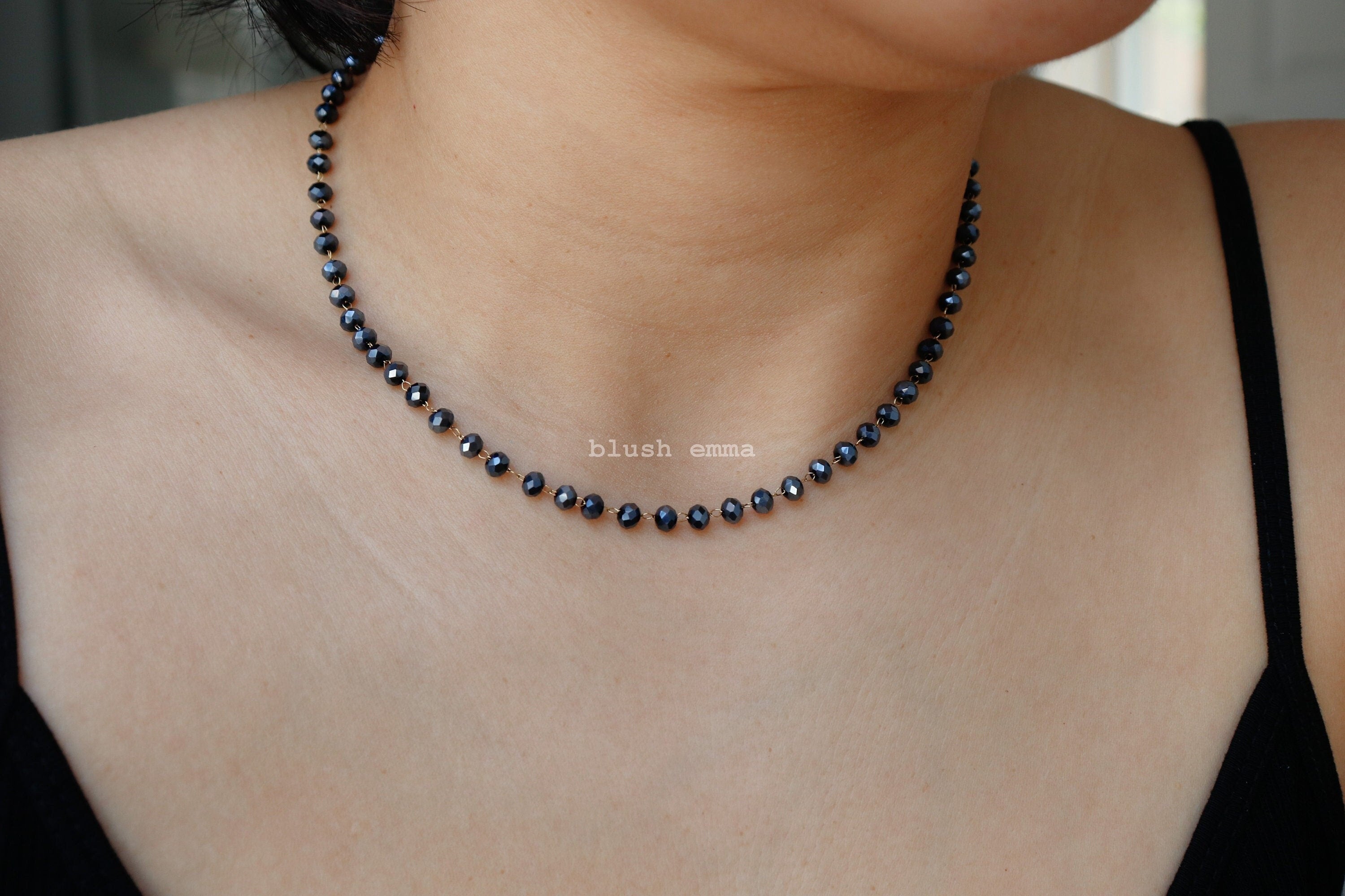 Black Shiny Crystal Glass 4mm Beaded Necklace