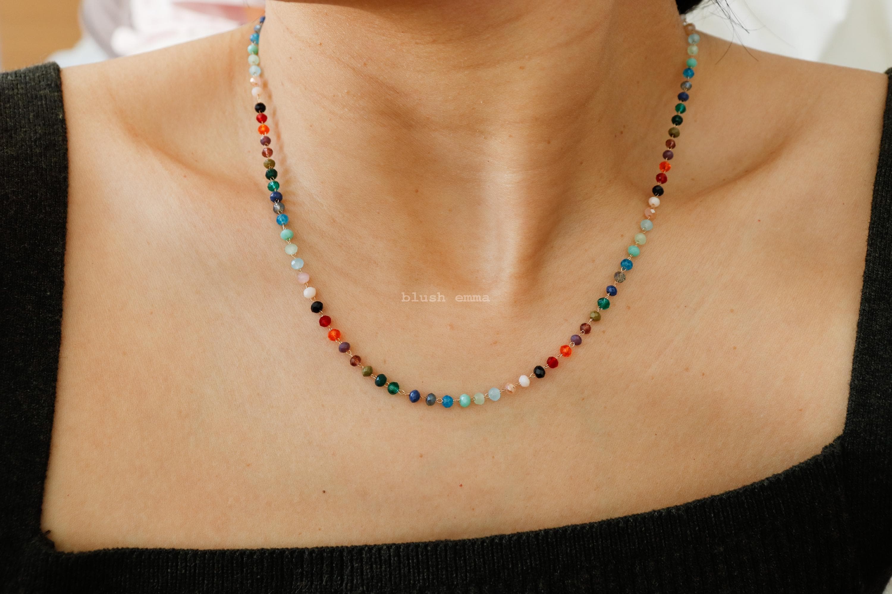 Blushemma Colorful Rainbow 3mm Crystal Glass Beaded Necklace