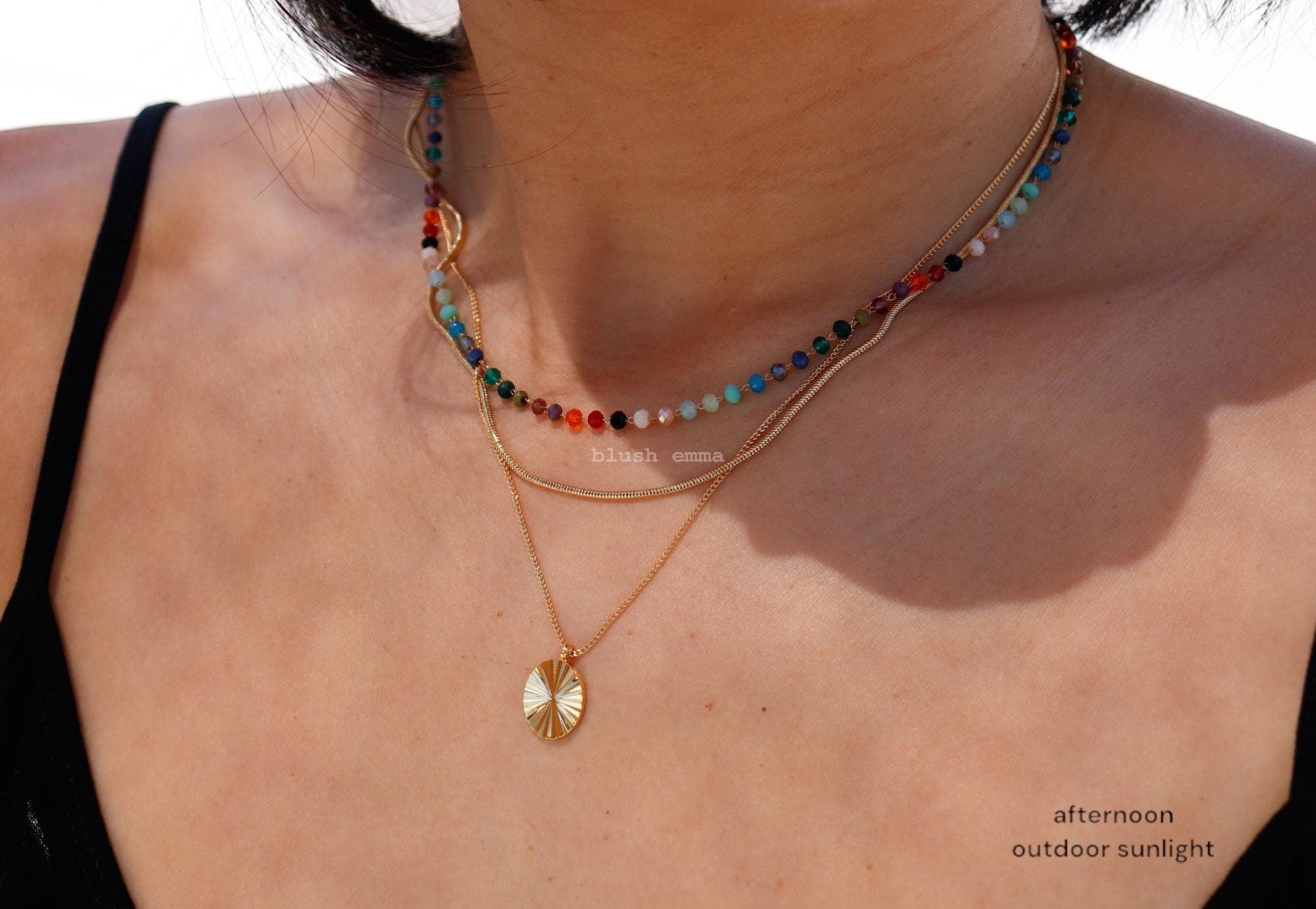 Blushemma Colorful Rainbow 3mm Crystal Glass Beaded Necklace