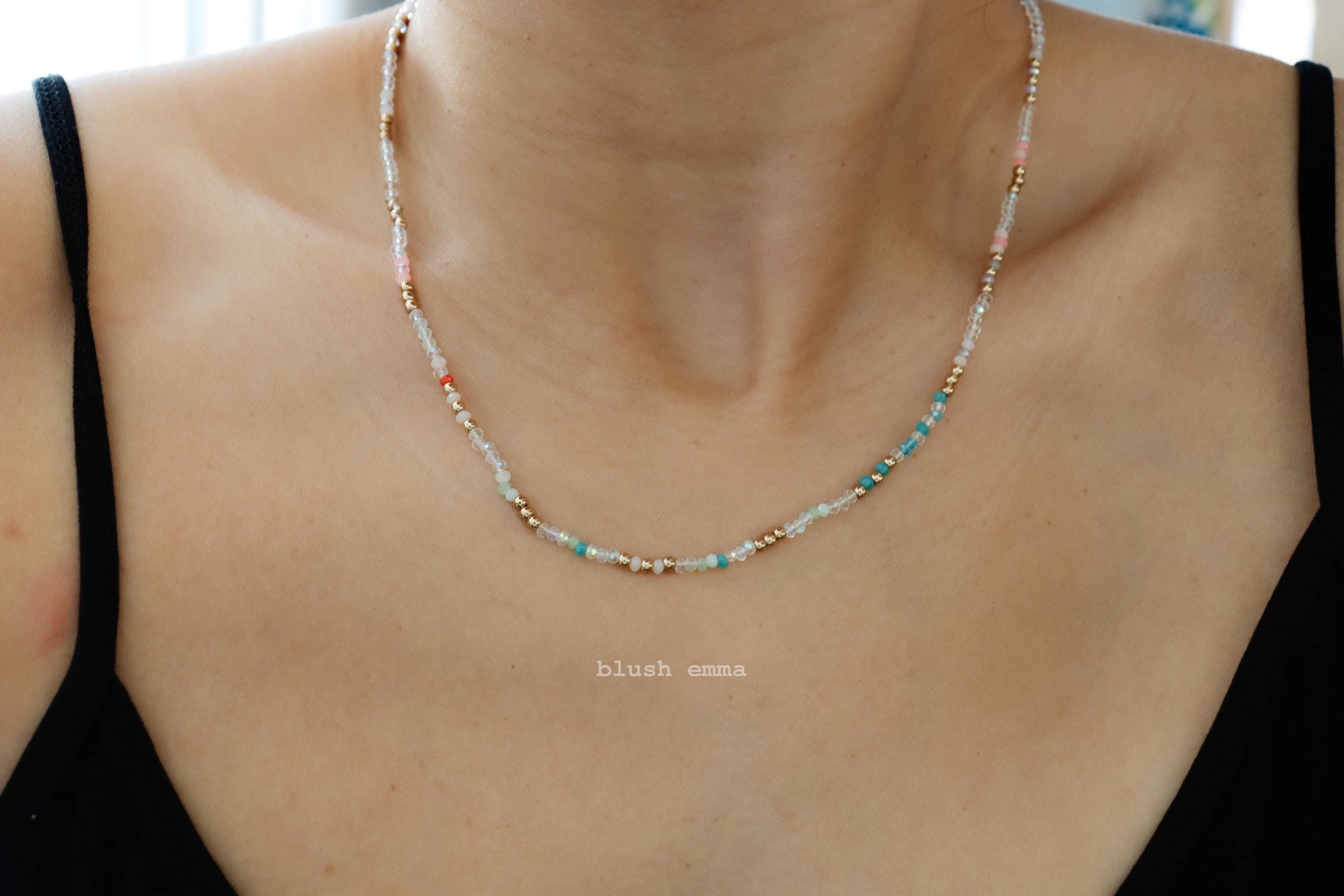 Pastel Mermaid Rainbow Small Crystal 1.5mm Full Beaded Necklace