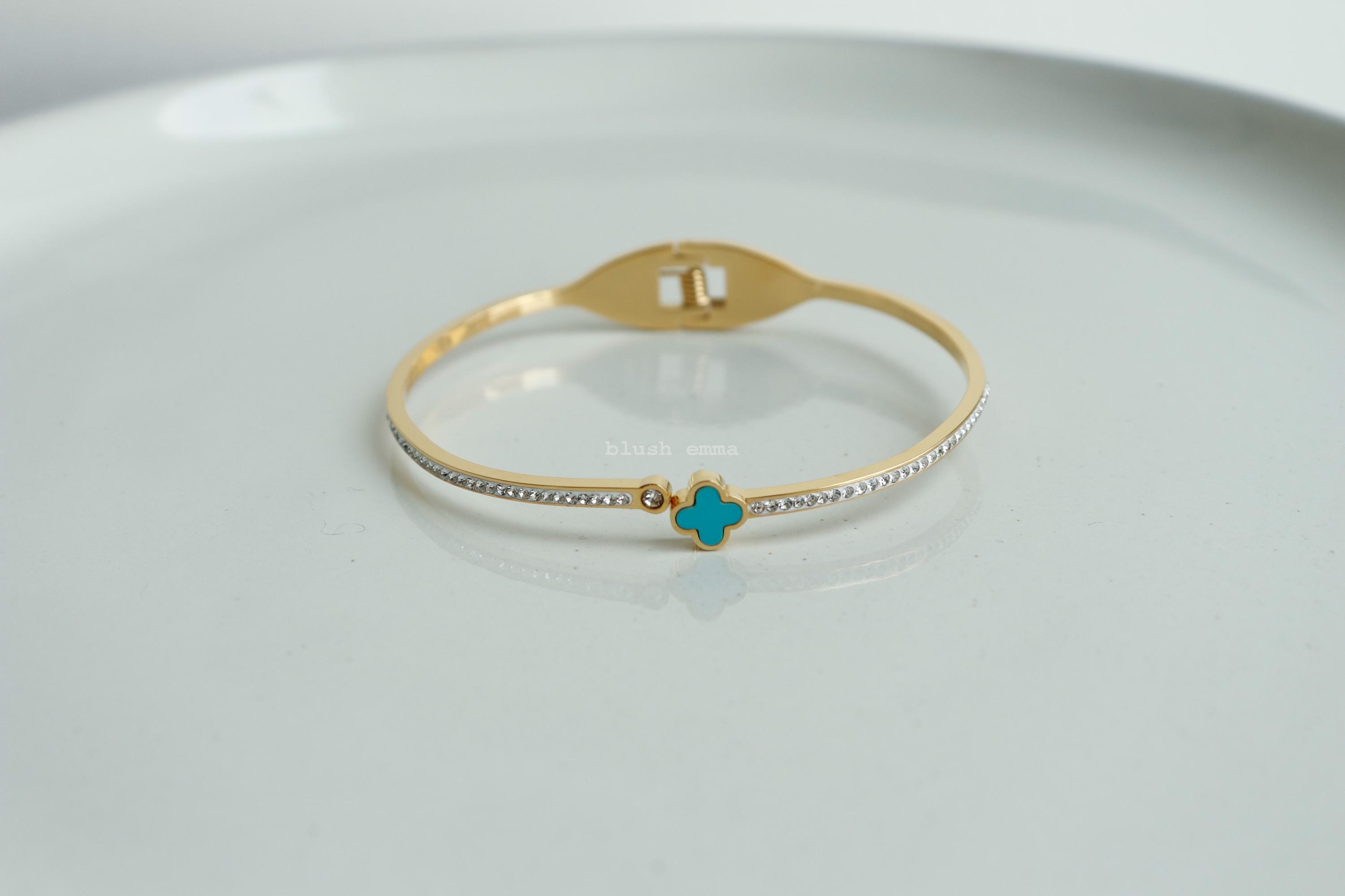 Dainty Clover Rhinestone Studded Bangle Bracelet
