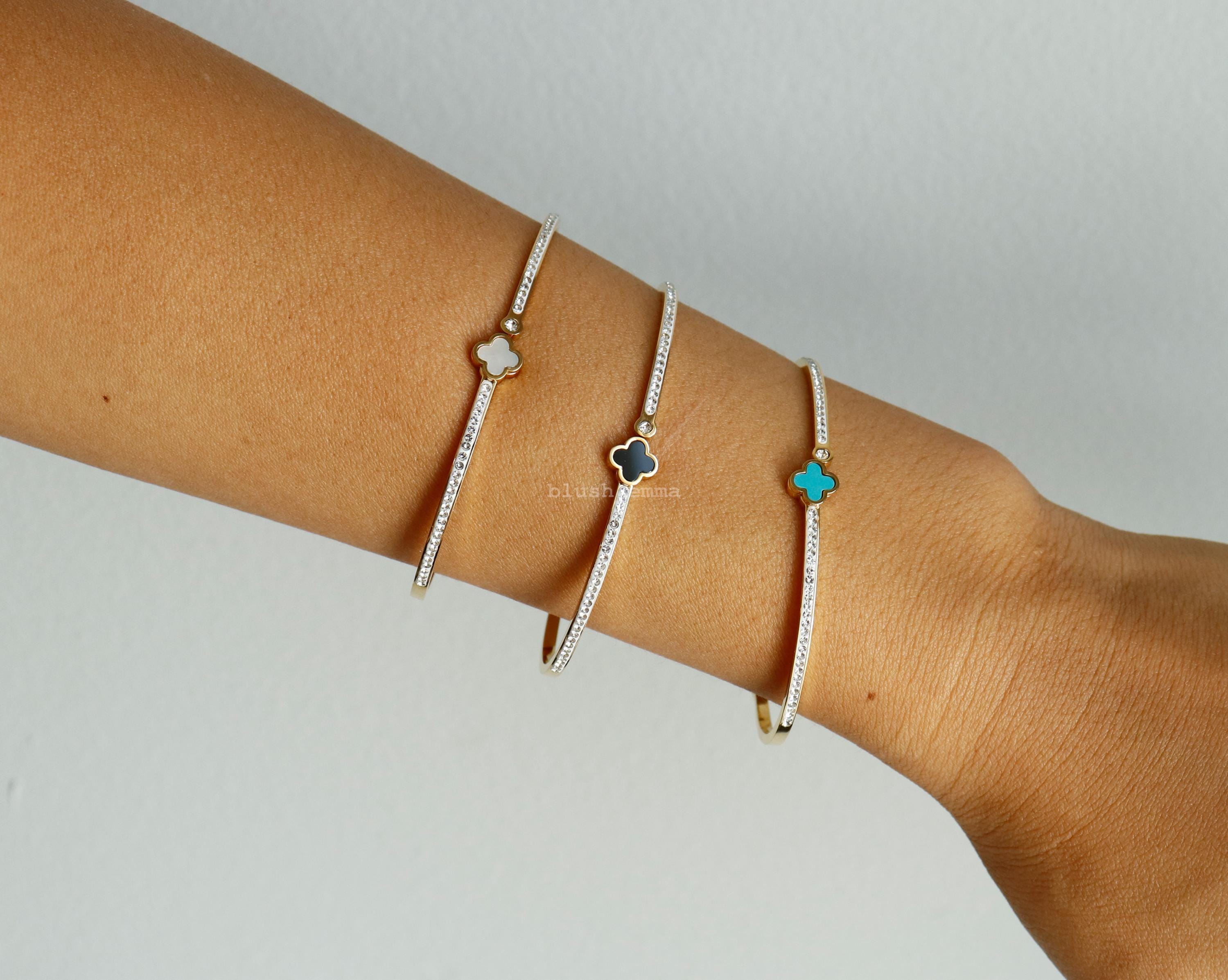 Dainty Clover Rhinestone Studded Bangle Bracelet