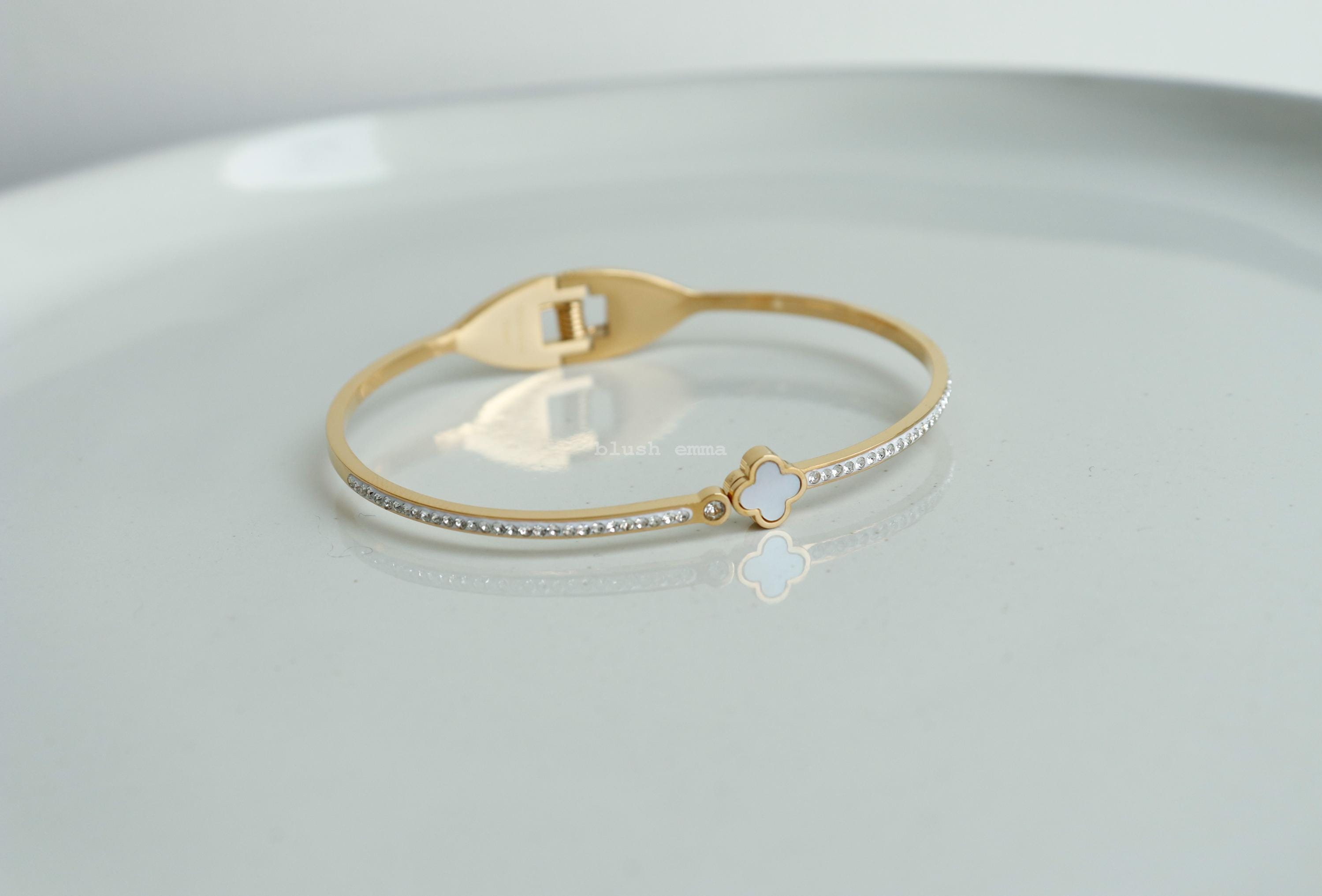 Dainty Clover Rhinestone Studded Bangle Bracelet