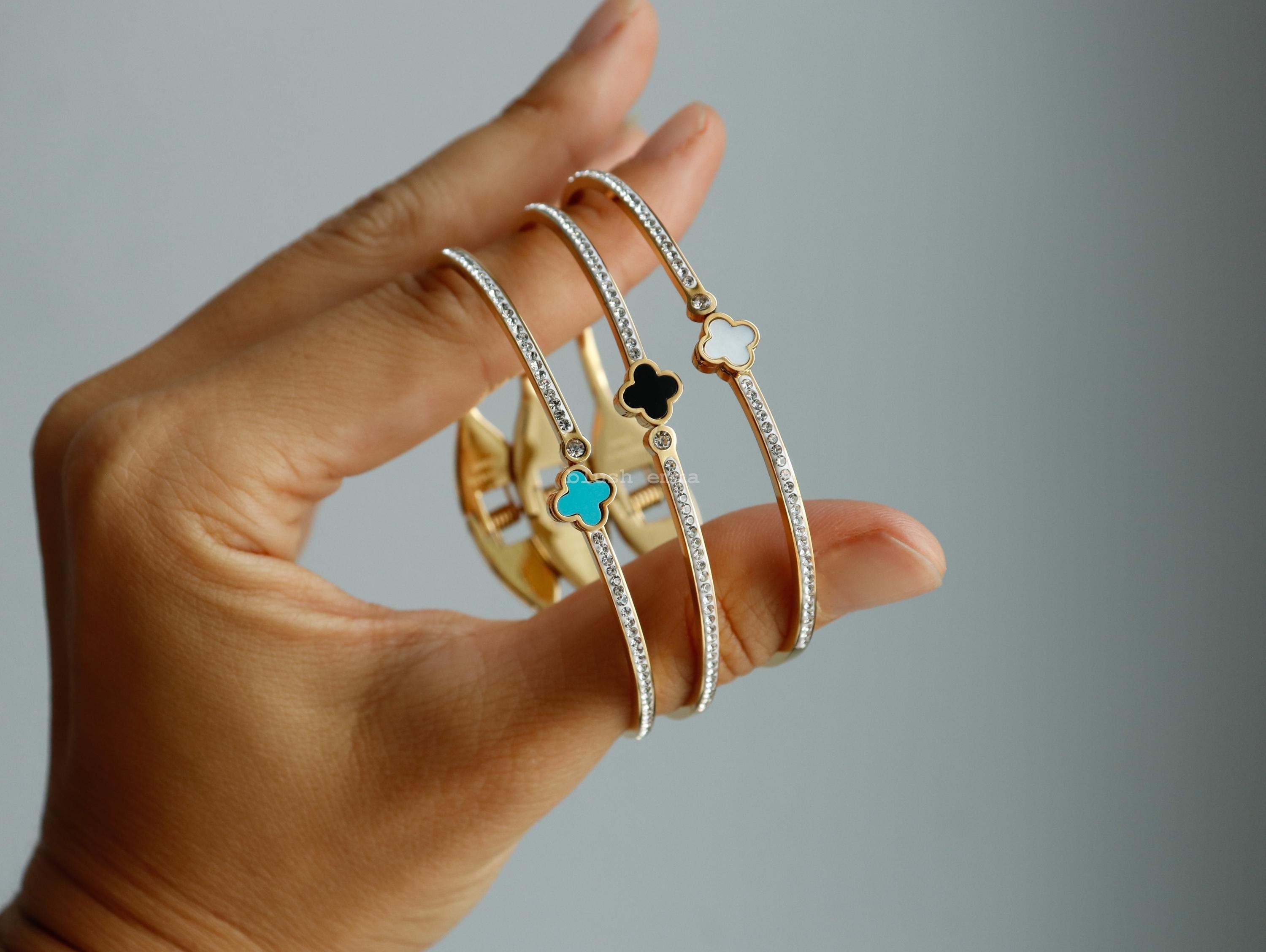 Dainty Clover Rhinestone Studded Bangle Bracelet