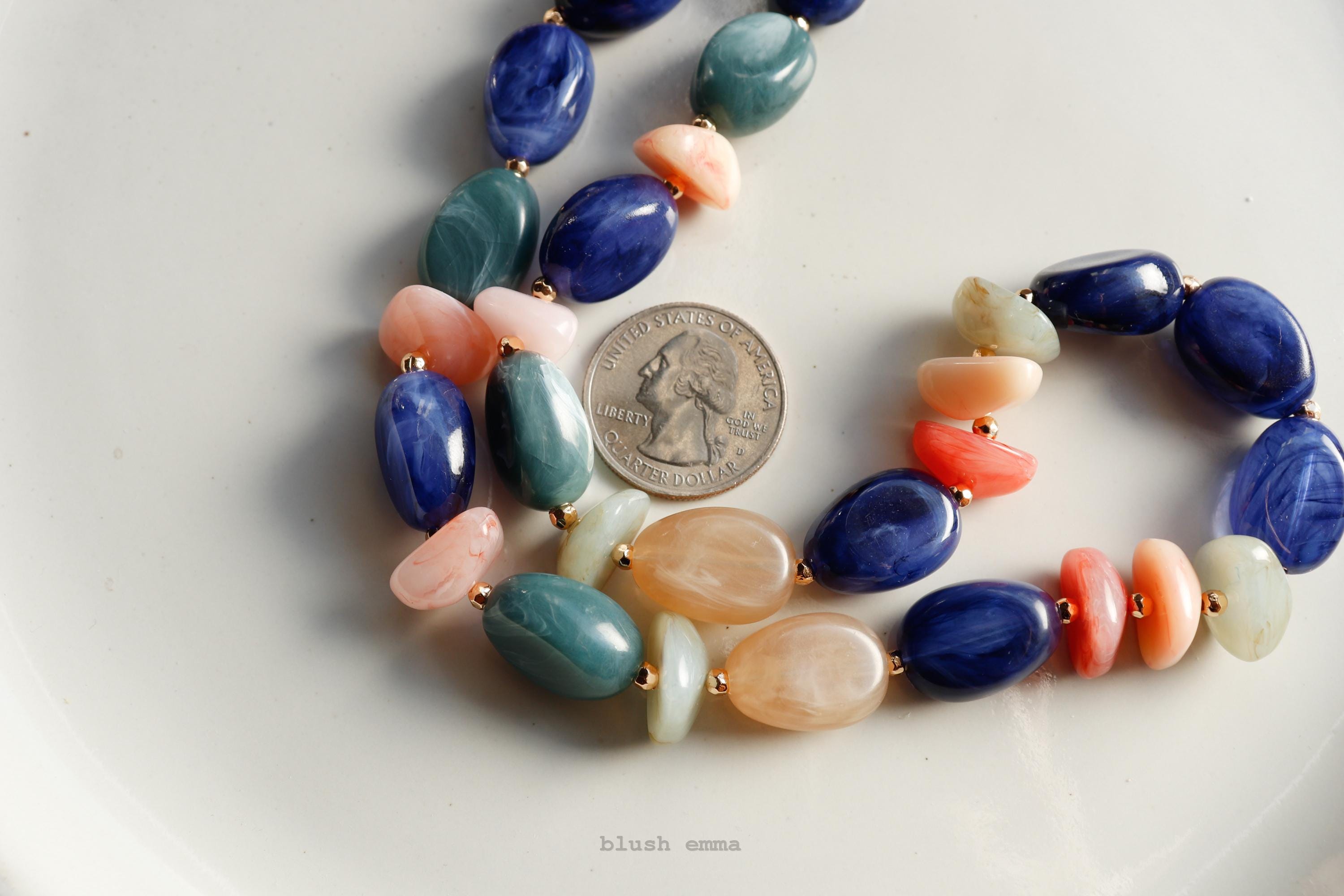 Navy Blue Chunky, Mixed Color Tone Beaded Necklace