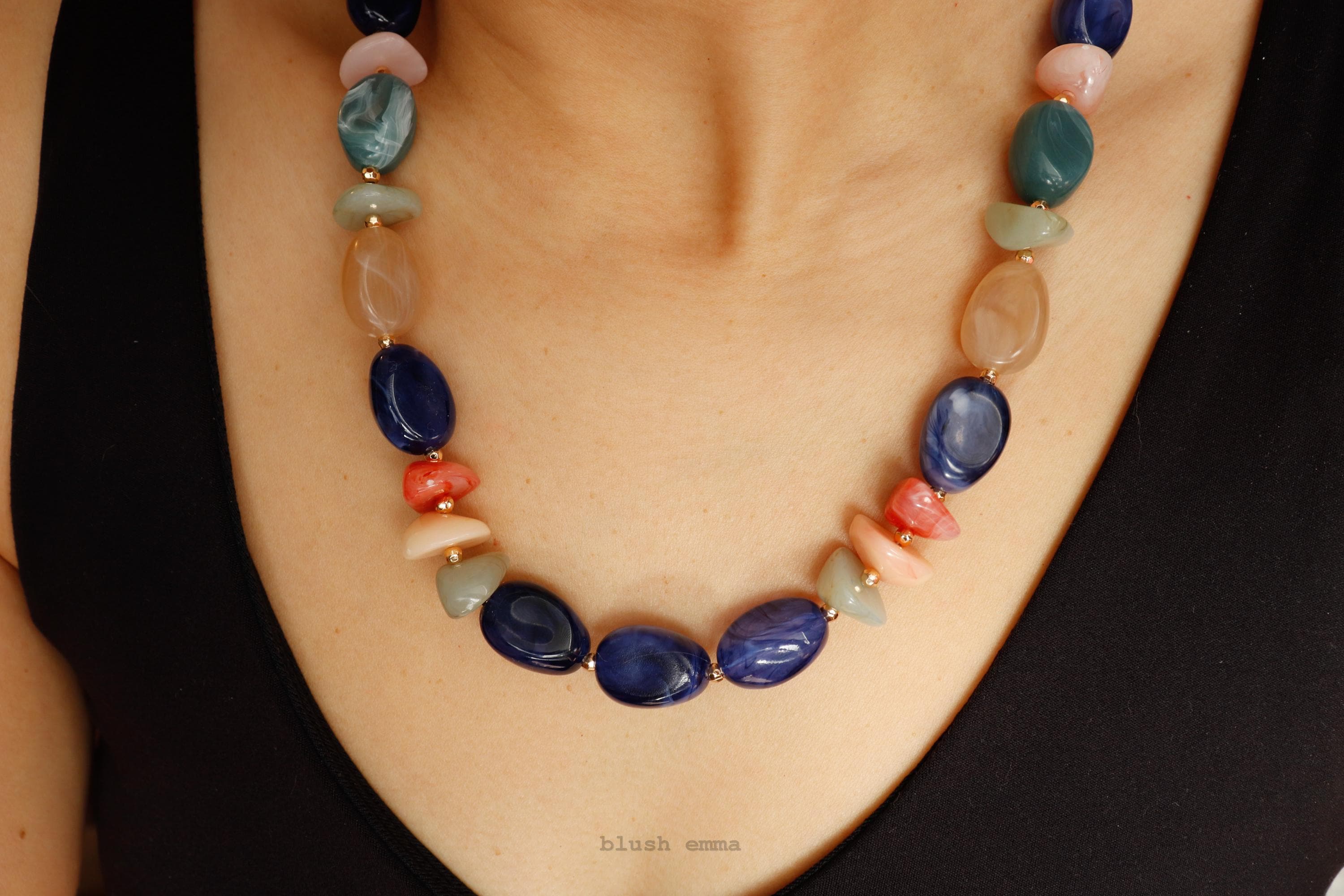 Navy Blue Chunky, Mixed Color Tone Beaded Necklace