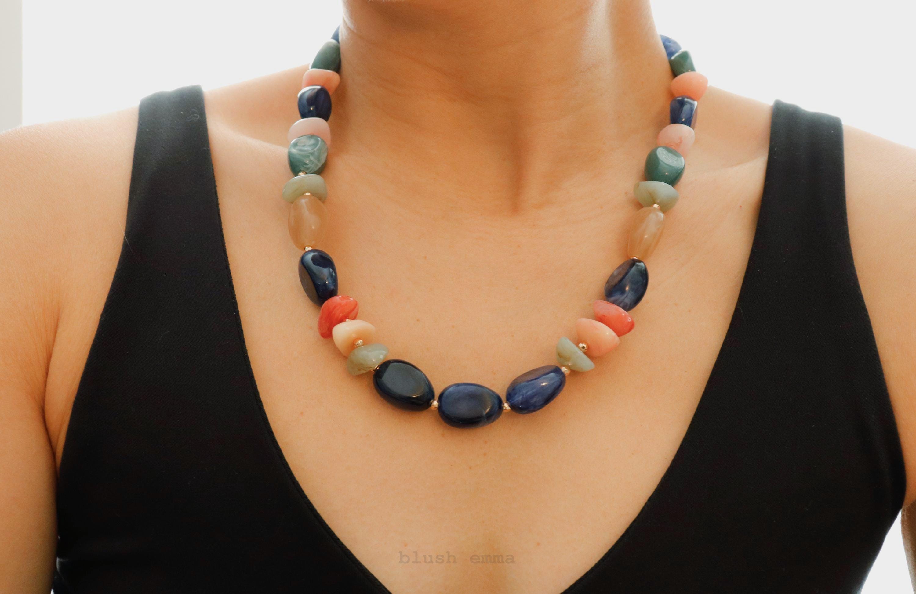 Navy Blue Chunky, Mixed Color Tone Beaded Necklace