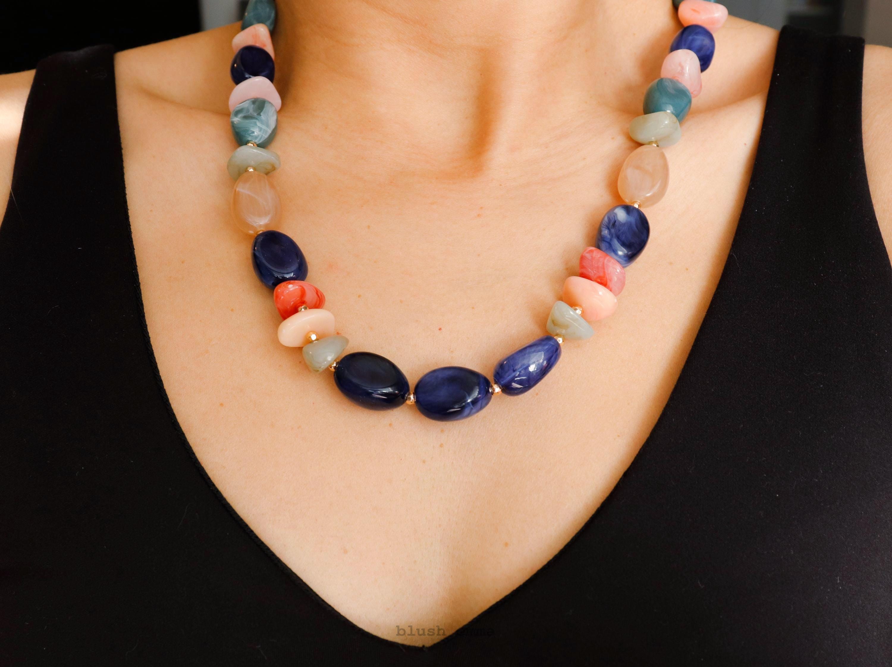 Navy Blue Chunky, Mixed Color Tone Beaded Necklace