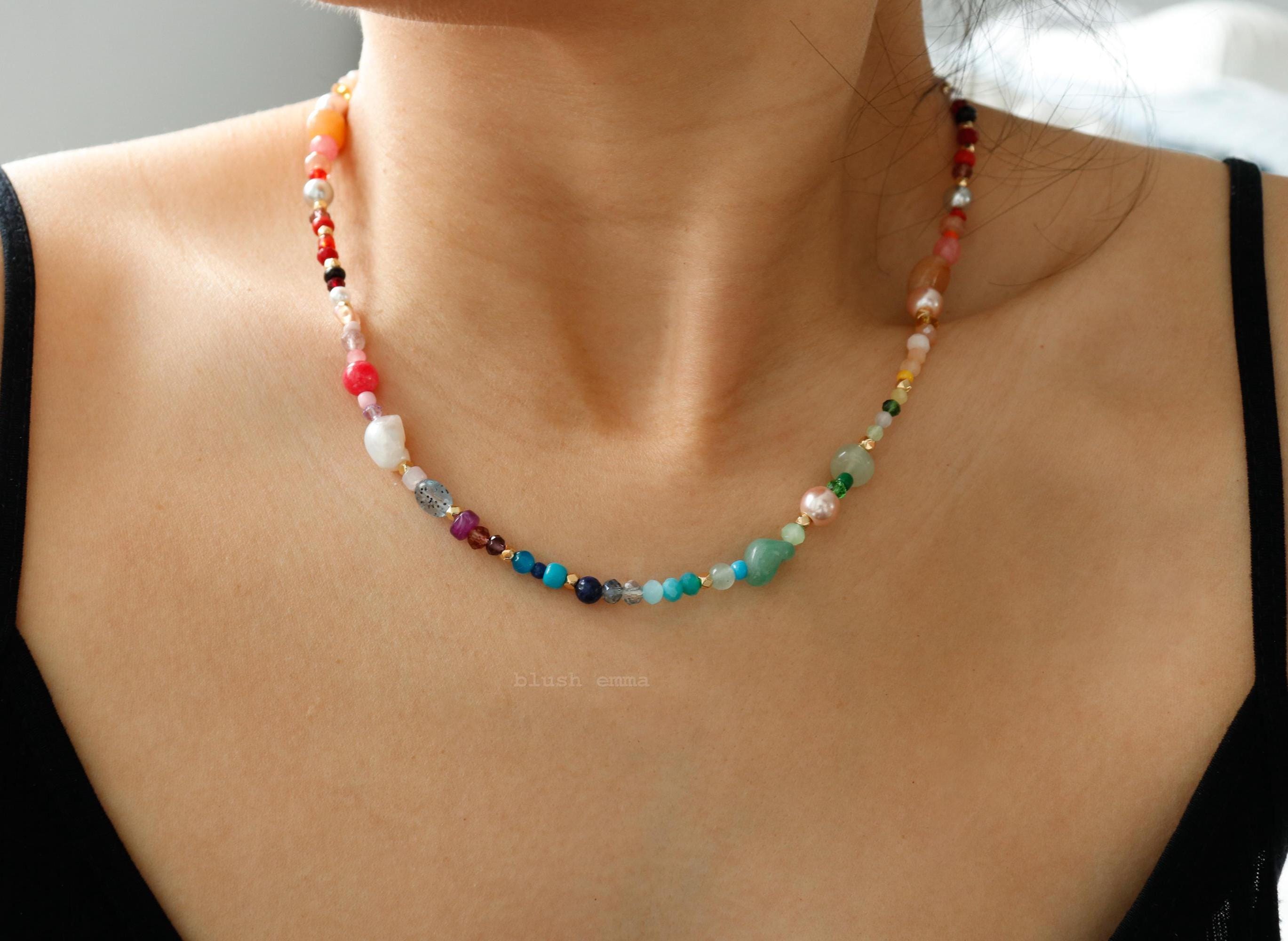 Colorful Mixed Gem Rainbow Beaded Necklace