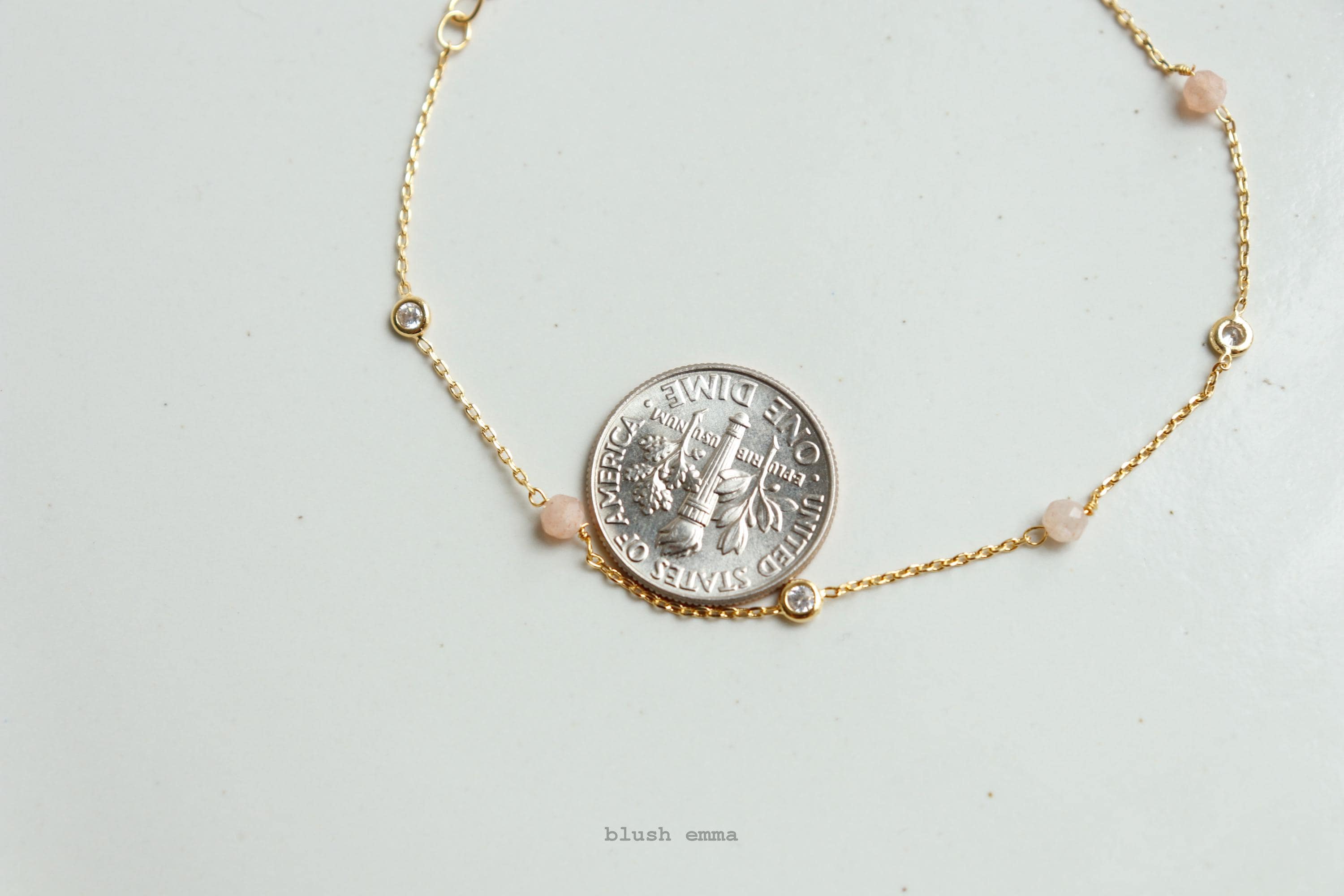 Tiny Blush Beaded Bracelet Clear Bezel Accent