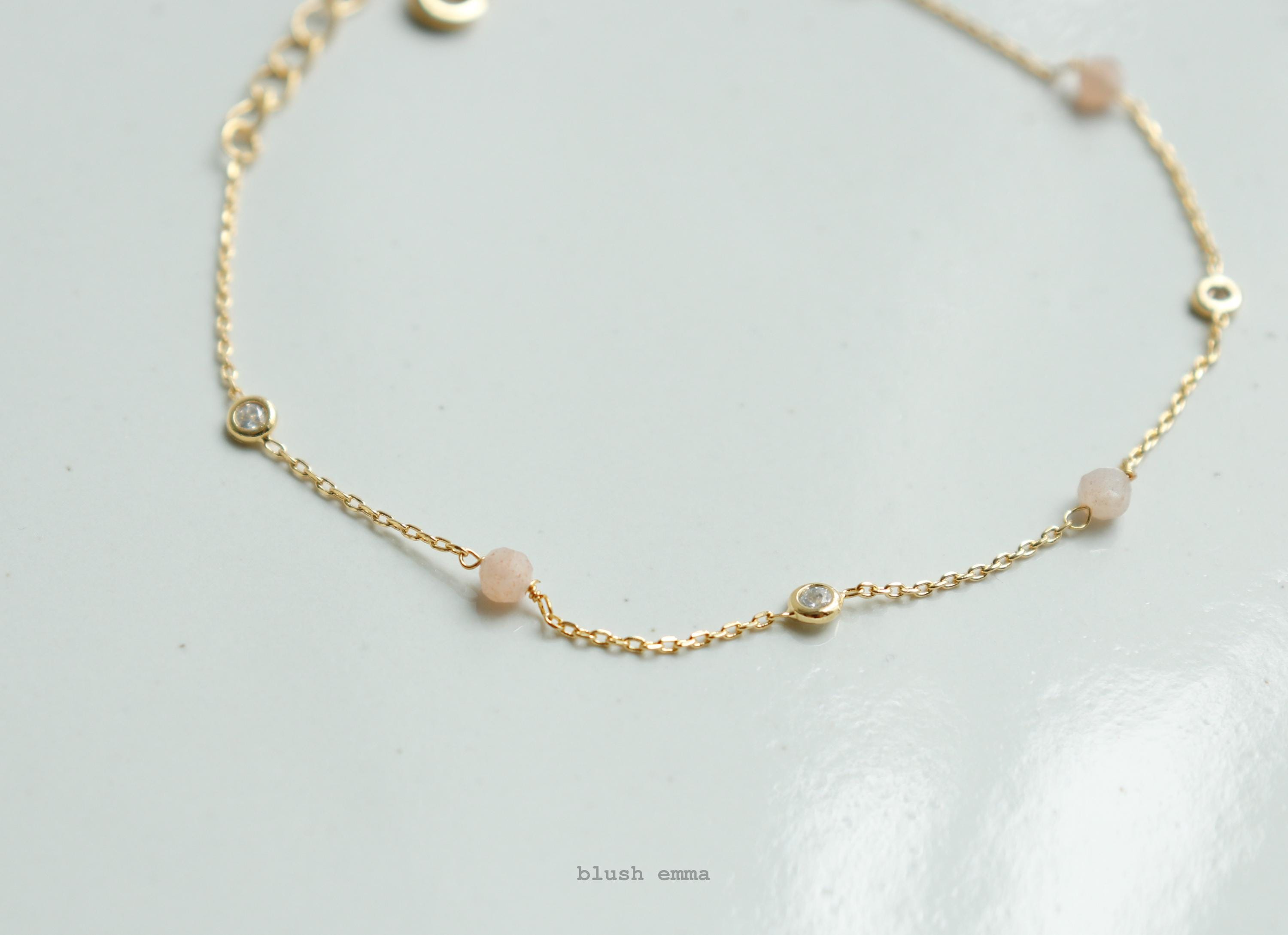 Tiny Blush Beaded Bracelet Clear Bezel Accent