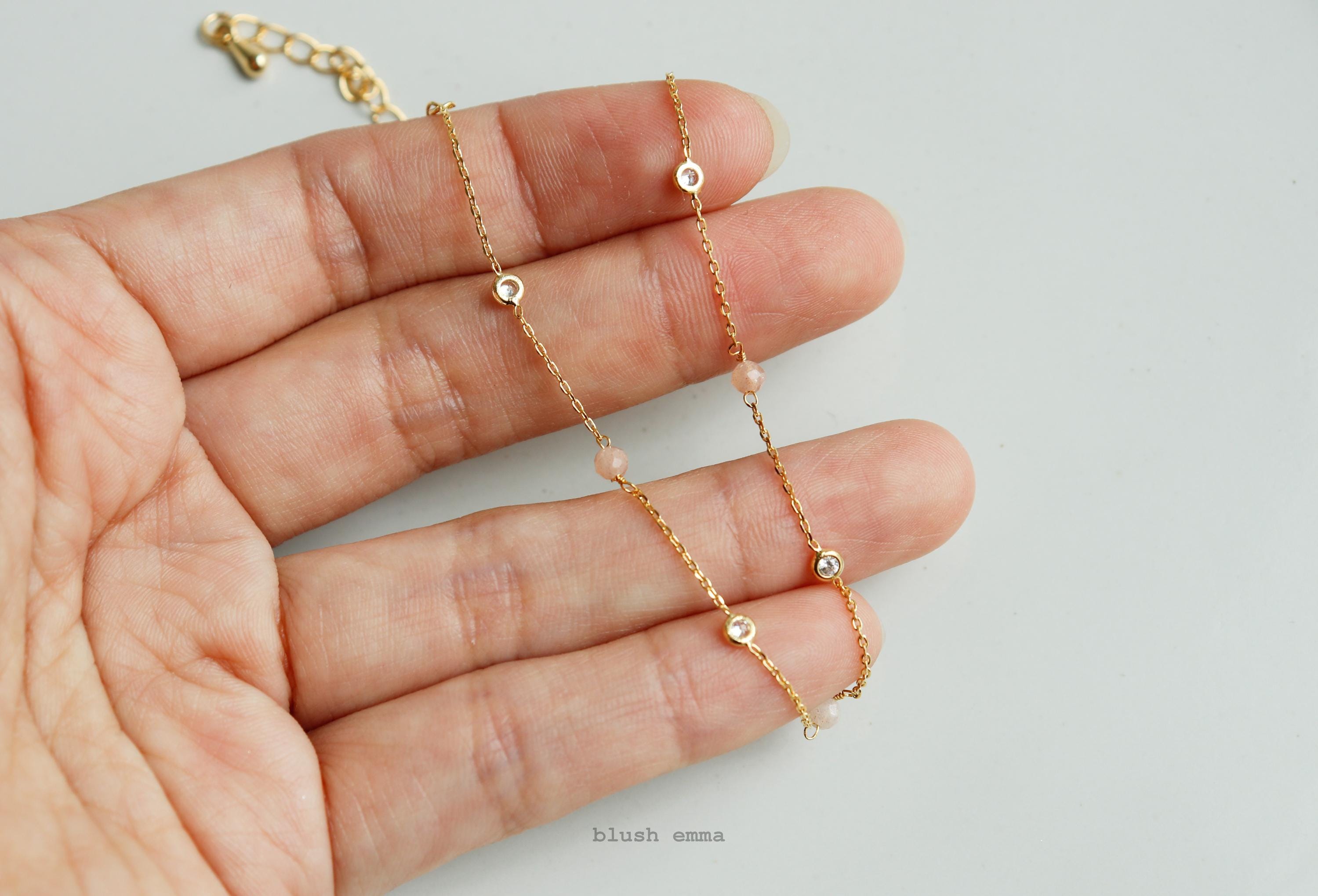 Tiny Blush Beaded Bracelet Clear Bezel Accent