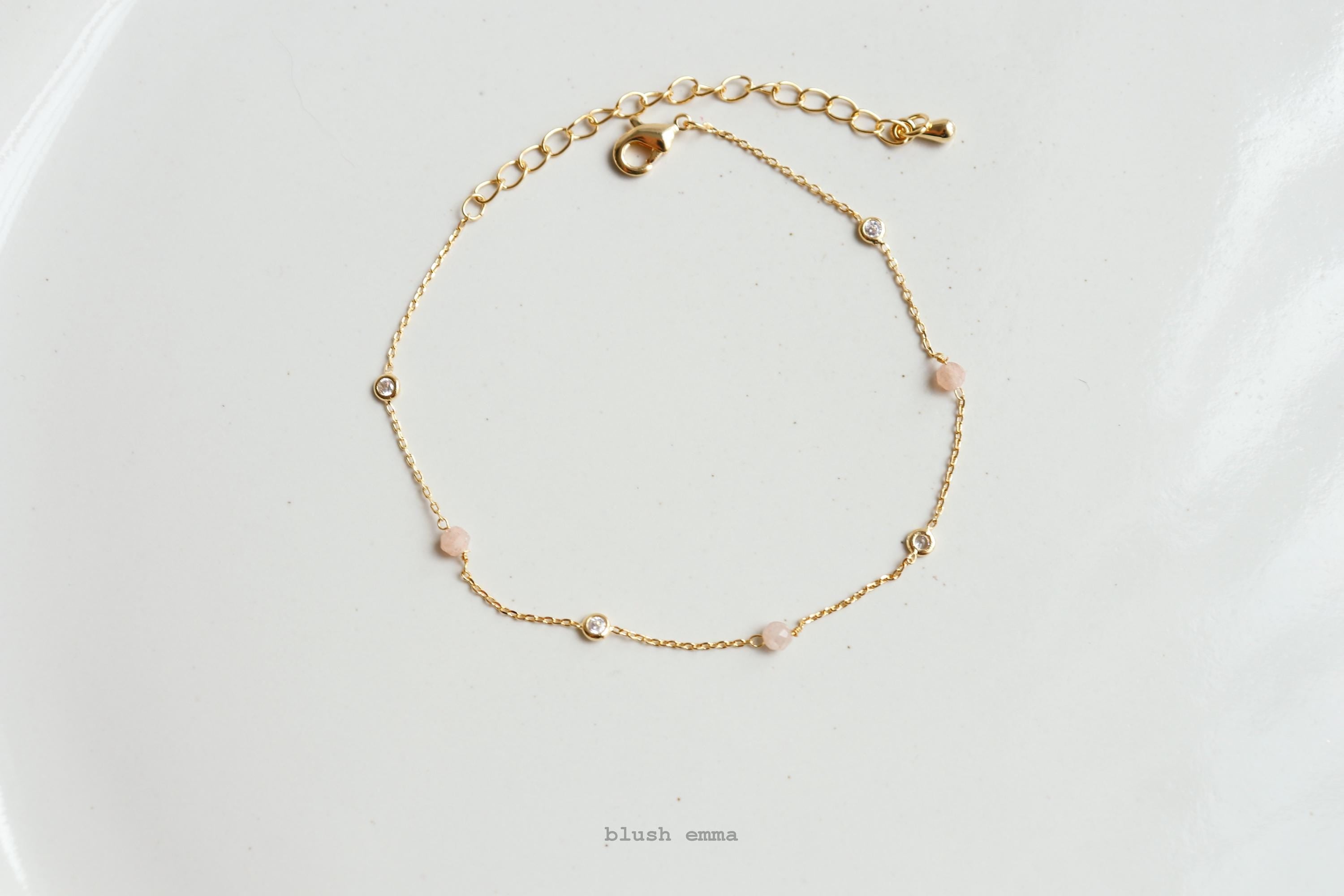 Tiny Blush Beaded Bracelet Clear Bezel Accent