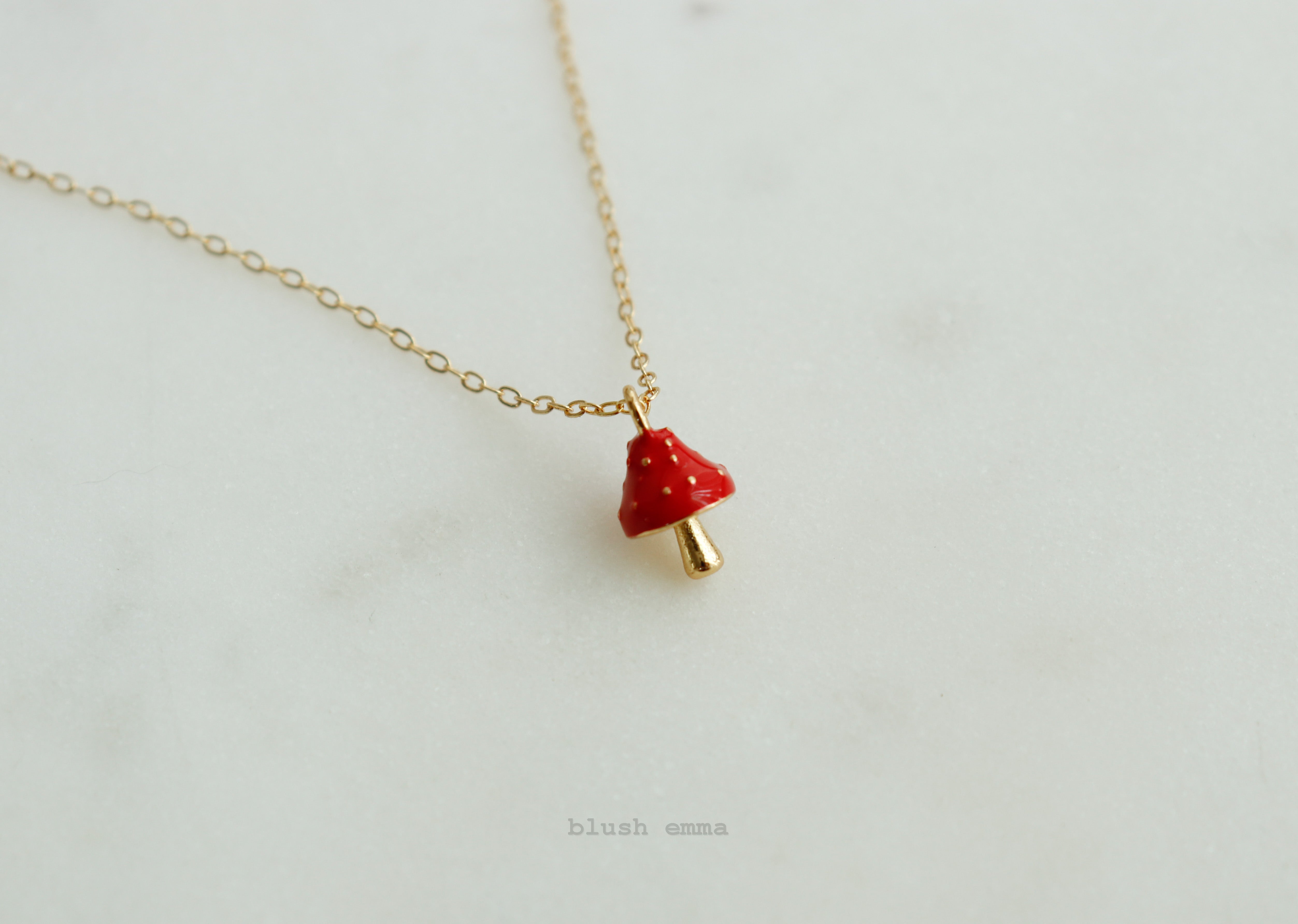 Storybook Red Mushroom Top Necklace, gift for girls, cottagecore, dotted spotted dainty forest mushroom gold pendant